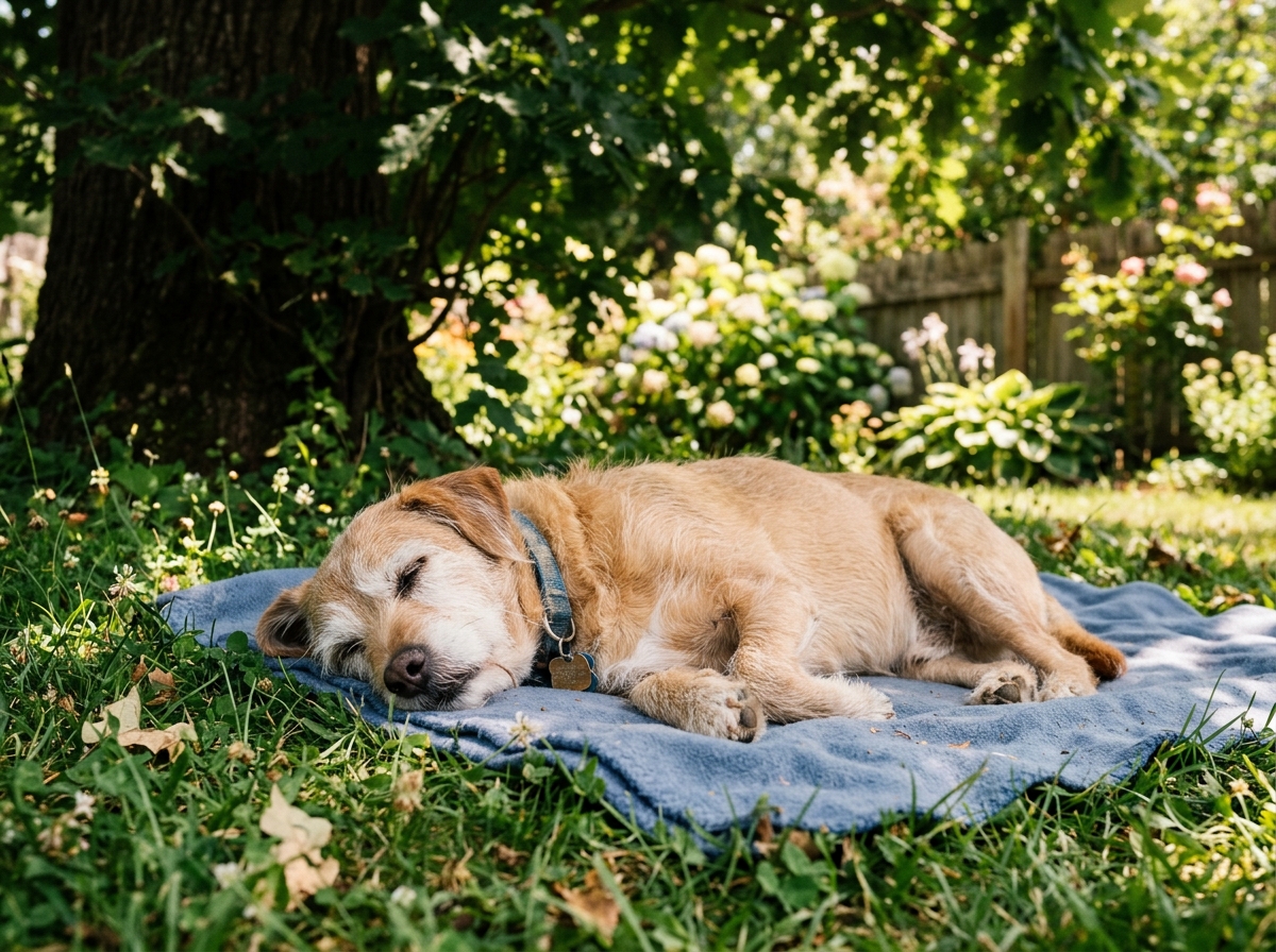 Senior dog Grandma Penny resting calmly