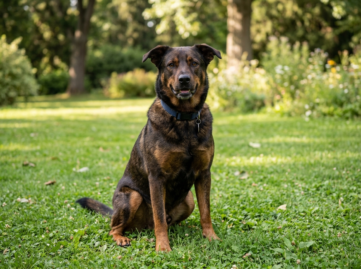 Active black and tan dog Kopi playing in grass