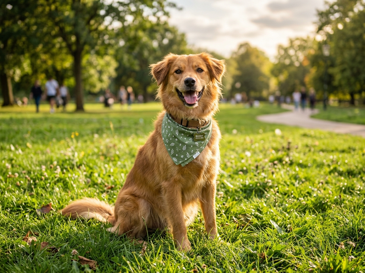 Smiling rescued dog Lucky with green bandanna sitting in Kuala Lumpur park