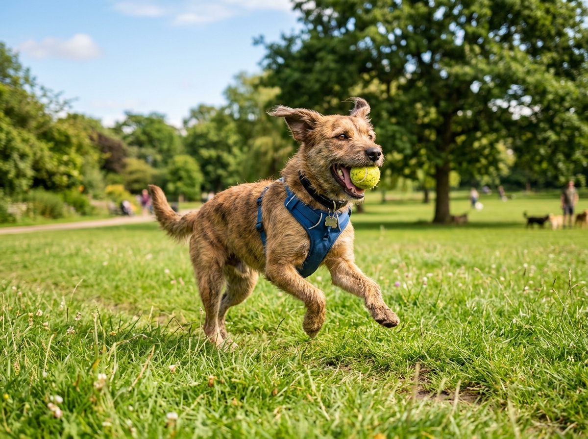 Playful active rescue dog Milo in grass park