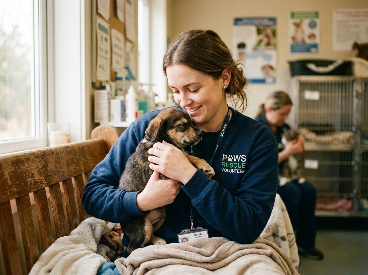 Volunteer gently cuddling a rescued puppy at Harapan Paws shelter clinic